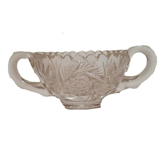 Vintage Art Deco Clear Cut Glass Crystal Creamer Open Sugar Bowl Handles Star - Picture 6 of 8